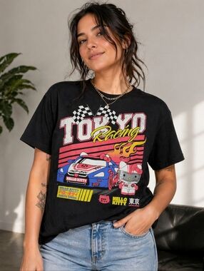 Hello Kitty Tokyo Racing Graphic Tee Black Y2K Streetwear Unisex M
